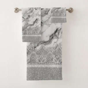 Elegant white grey silver marble lace Patterns Bath Towel Set