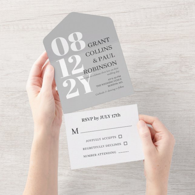 Elegant White & Grey Typography Wedding All In One Invitation (Tearaway)