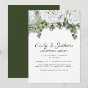 Elegant White Hand Drawn Flowers Green Wedding Invitation