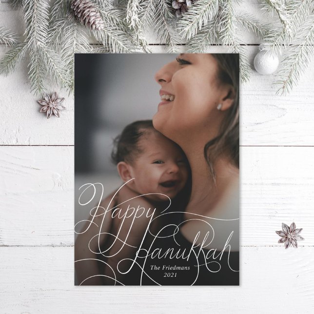 Elegant White Hand Lettered Happy Hanukkah Photo Holiday Card (Creator Uploaded)