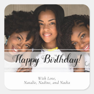 Elegant White Happy Birthday Custom Photo Square  Sticker