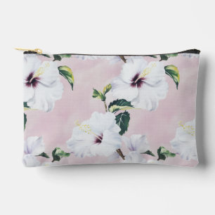 Elegant White Hibiscus on Soft Pink Background Accessory Pouch