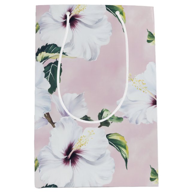 Elegant White Hibiscus on Soft Pink Background Medium Gift Bag (Front)