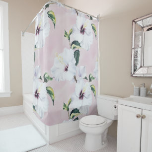 Elegant White Hibiscus on Soft Pink Background Shower Curtain