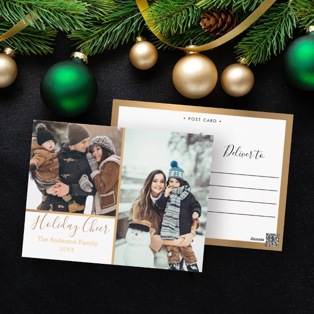 Elegant White Holiday Cheer Photo Collage Gold Postcard (Creator Uploaded)