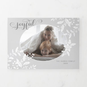 Elegant White Holly on Grey w/Calligraphy Photo Tri-Fold Holiday Card