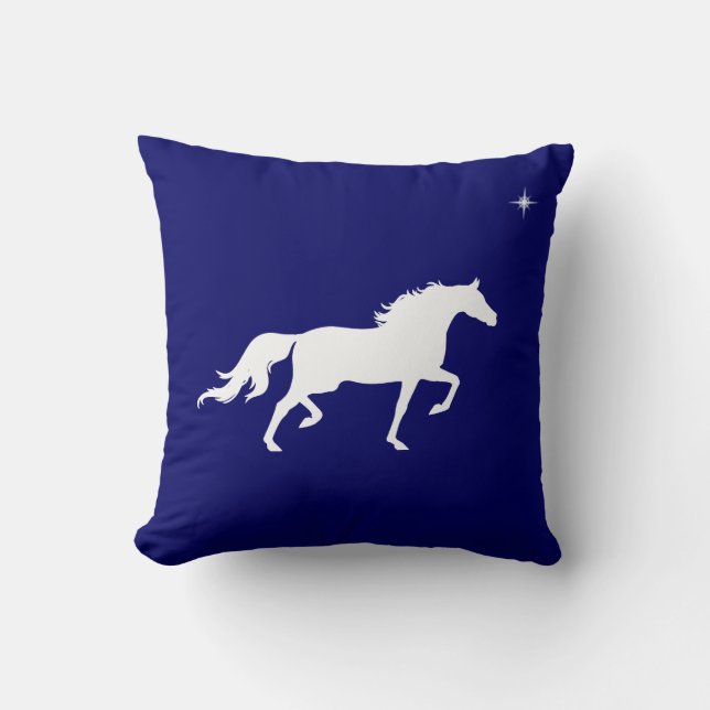 Elegant white horse and star  on navy blue cushion (Front)