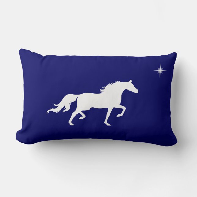 Elegant white horse and star  on navy blue lumbar cushion (Front)
