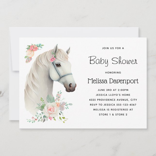 Elegant White Horse Boho Floral Baby Shower Invitation (Front)