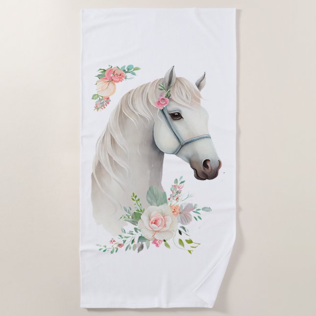 Elegant White Horse Boho Floral Beach Towel (Front)