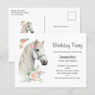 Elegant White Horse Boho Floral Birthday Invite Postcard