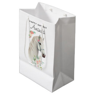 Elegant White Horse Boho Floral Birthday Medium Gift Bag