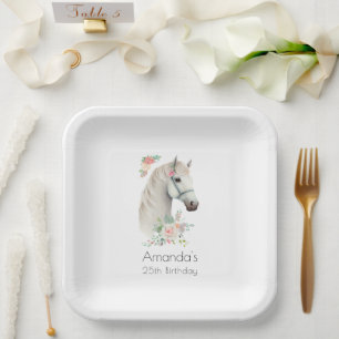 Elegant White Horse Boho Floral Birthday Paper Plate