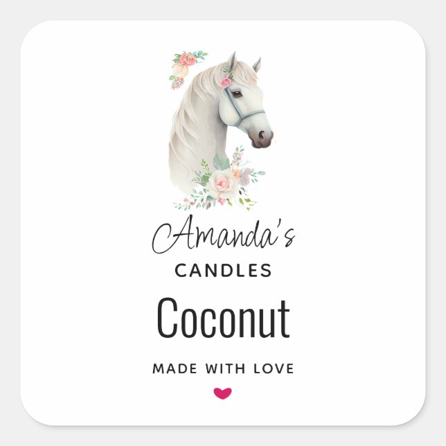 Elegant White Horse Boho Floral Candle Business Square Sticker (Front)