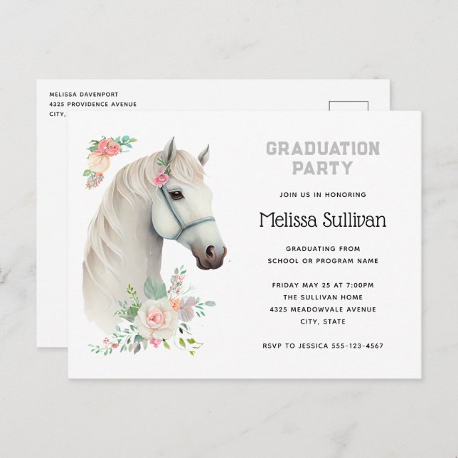 Elegant White Horse Boho Floral Graduation Invite Postcard (Front/Back)