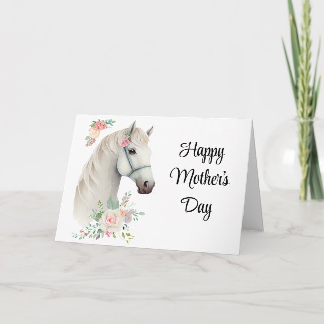 Elegant White Horse Boho Floral - Mother's Day Card (Front)