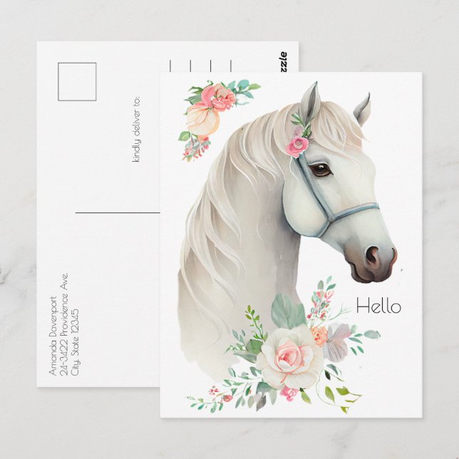 Elegant White Horse Boho Floral Postcard (Front/Back)