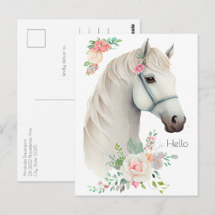 Elegant White Horse Boho Floral Postcard