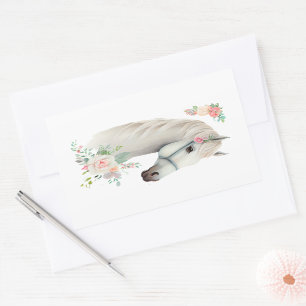 Elegant White Horse Boho Floral Rectangular Sticker