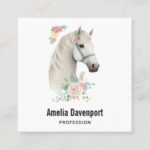 Elegant White Horse Boho Floral Square Business Card
