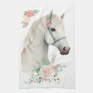 Elegant White Horse Boho Floral Tea Towel