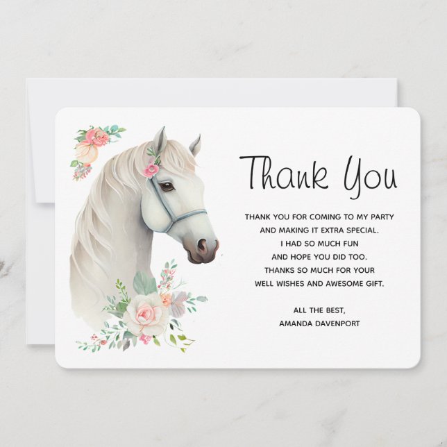 Elegant White Horse Boho Floral Thank You Card (Front)