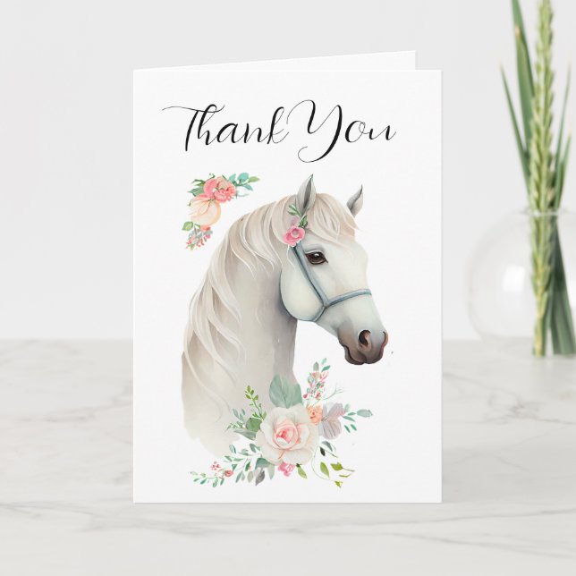 Elegant White Horse Boho Floral Thank You Card (Front)