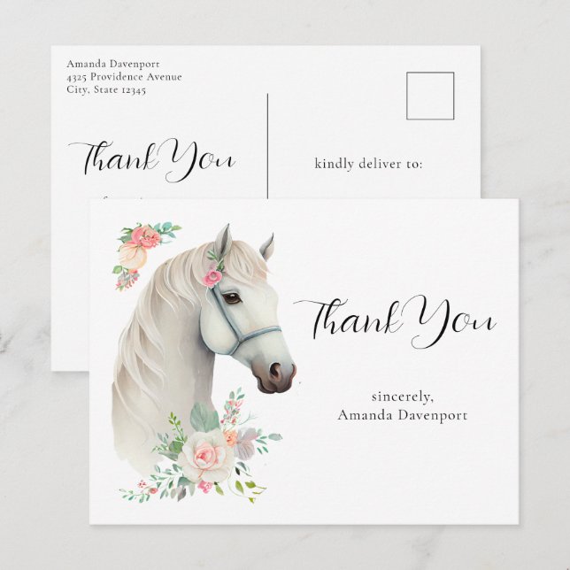 Elegant White Horse Boho Floral Thank You Postcard (Front/Back)