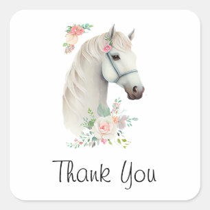 Elegant White Horse Boho Floral Thank You Square Sticker