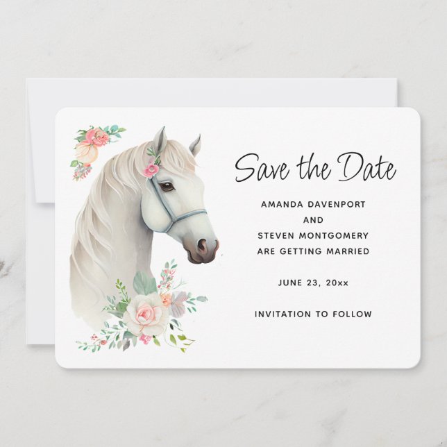 Elegant White Horse Boho Floral Wedding Save The Date (Front)