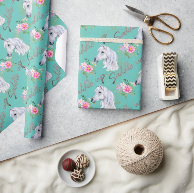 Elegant White Horse Cute Birthday Girl Cowgirl Wrapping Paper (Crafts)