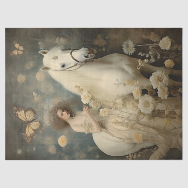 Elegant White Horse Decoupage Tissue Paper (Front)