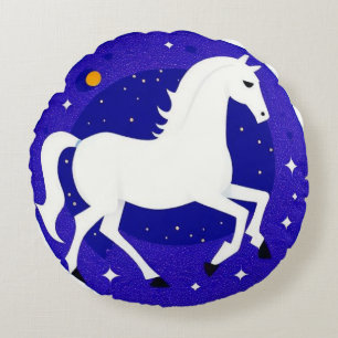 Elegant White Horse in Cosmic Night Display Round Cushion
