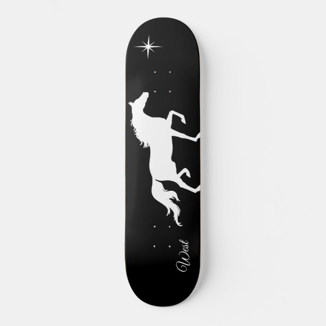 Elegant white horse silhouette on black skateboard (Front)