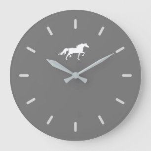 Elegant White Horse Silhouette on Grey Large Clock