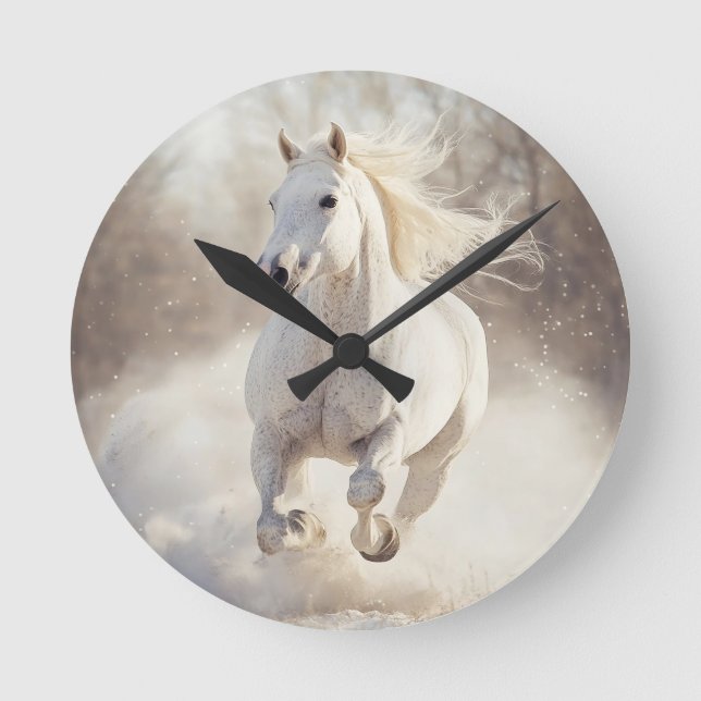 Elegant White Horse Wall Clock - Majestic Animal A (Front)