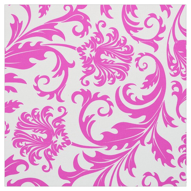 Elegant White & Hot Pink Floral Damasks Fabric (Swatch)