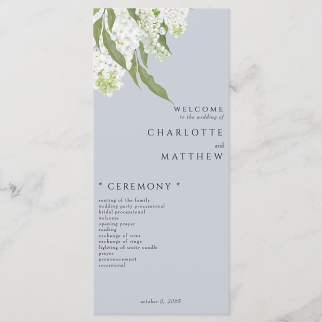 Elegant White Hydrangea Dusty Blue Wedding Program Menu (Front)