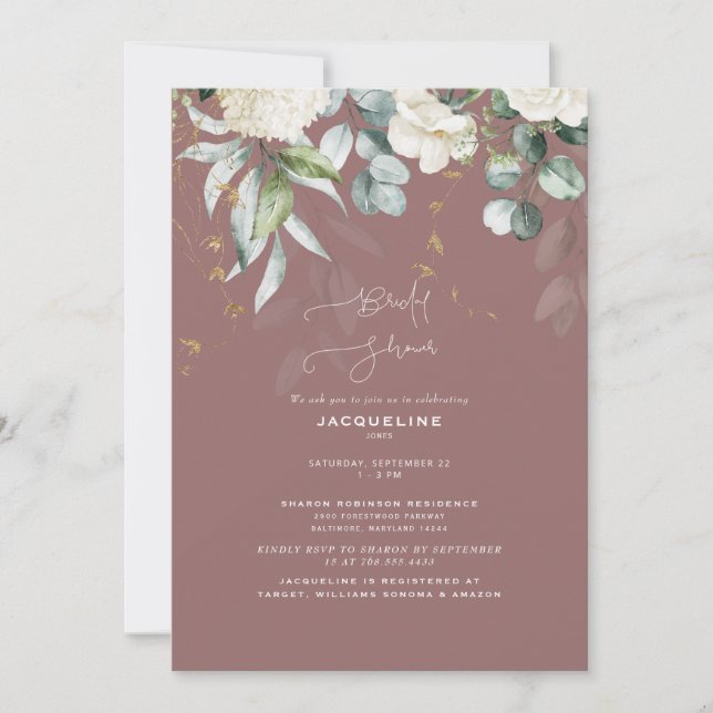 Elegant White Hydrangea Dusty Rose Bridal Shower Invitation (Front)