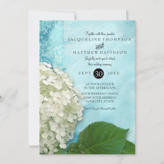 Elegant White Hydrangea Floral Blue White Wedding Invitation (Front)