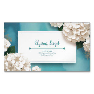 Elegant White Hydrangea Floral Teal Watercolor Magnetic Business Card