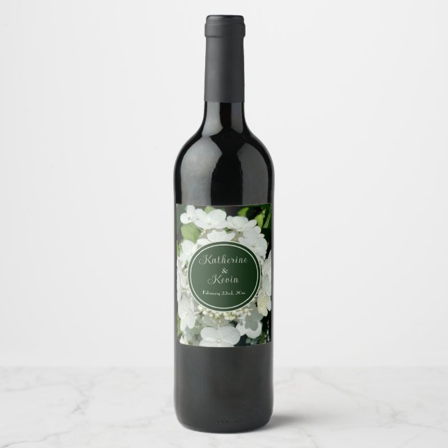 Elegant White Hydrangea Floral Wedding  Wine Label (Front)