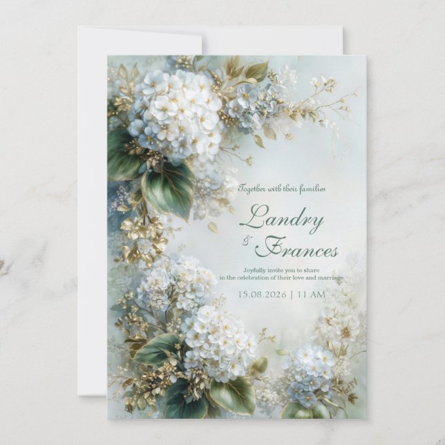 Elegant White Hydrangea Gold Botanical Wedding Invitation (Front)