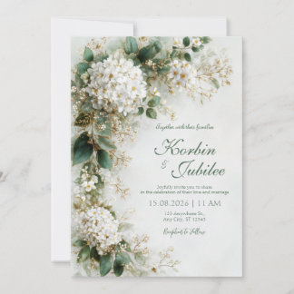 Elegant White Hydrangea Gold Botanical Wedding Invitation