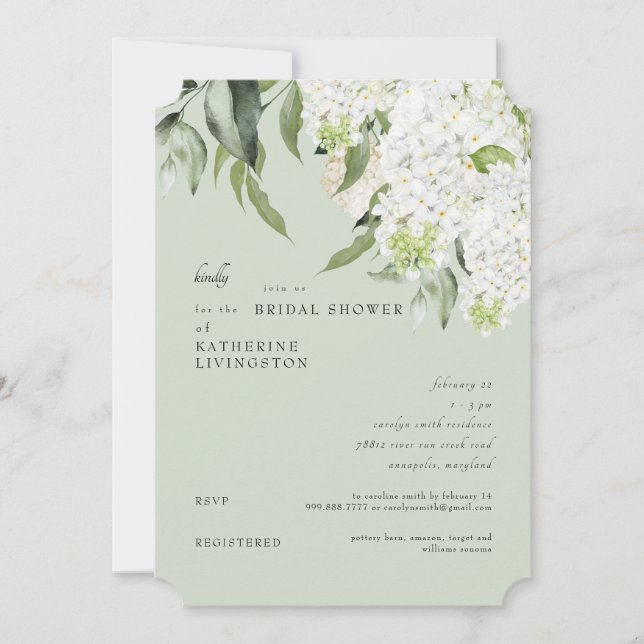Elegant White Hydrangea Light Sage Bridal Shower  Invitation (Front)