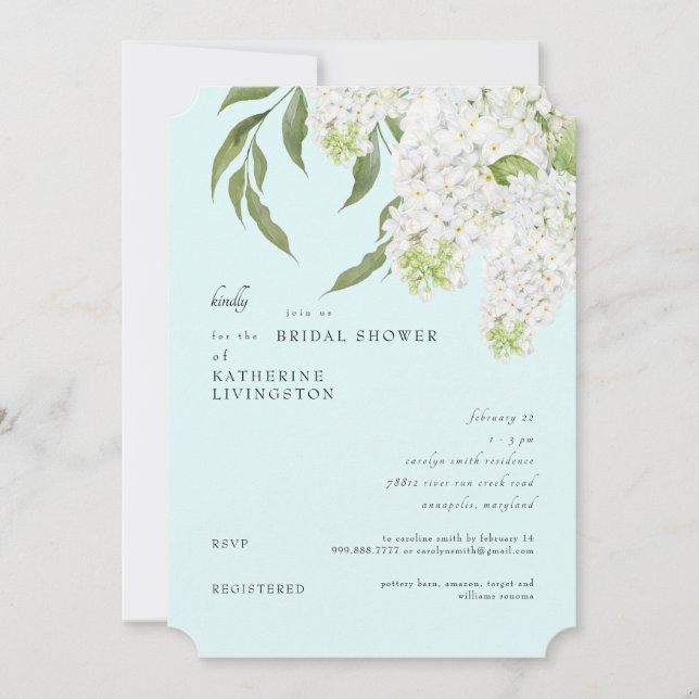 Elegant White Hydrangea Seafoam Bridal Shower  Invitation (Front)