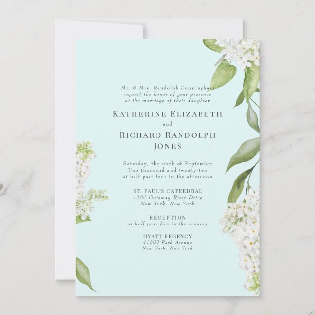 Elegant White Hydrangea Seafoam IV Wedding Invitation (Front)