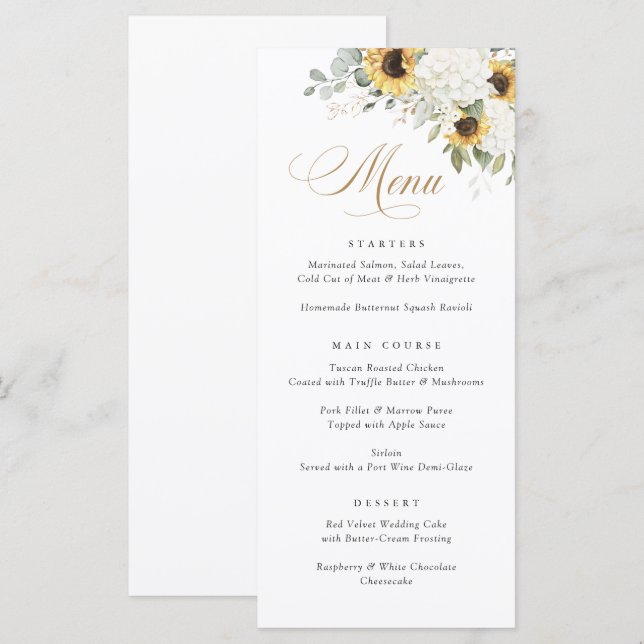 Elegant White Hydrangea Sunflowers Wedding Menu (Front/Back)
