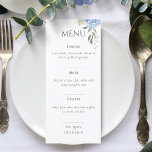 Elegant White Hydrangea Wedding Menu<br><div class="desc">The blue hydrangea wedding menu sets a welcoming, elegant and youthful tone. Hydrangeas have always been a very popular floral choice for weddings. This table card features 2 complimentary fonts against a white background and a hydrangea floral arrangement in the top right corner. Personalise this card with your own wedding...</div>