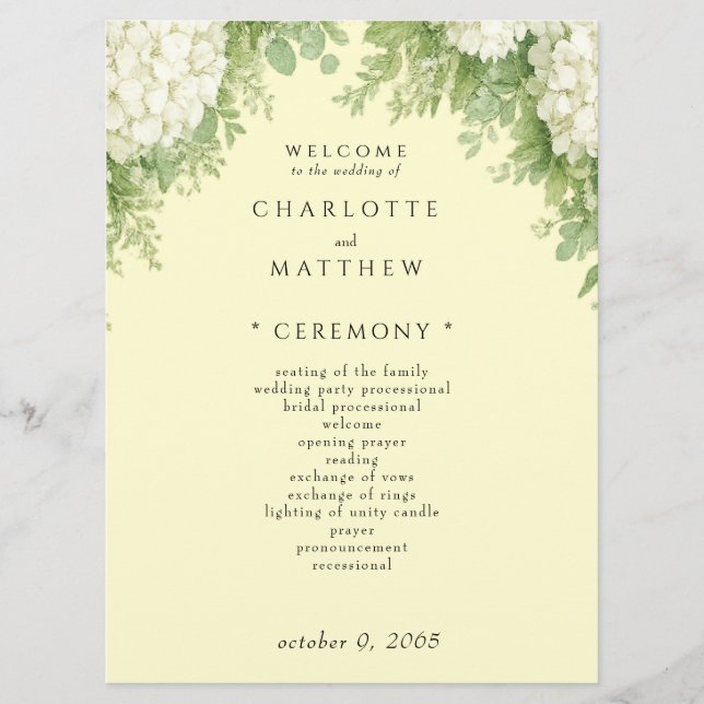 Elegant White Hydrangeas Yellow Wedding Program II Programme (Front)